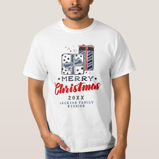 Frohe Weihnachten präsentiert Custom Text Red Blue T-Shirt (Vorderseite)
