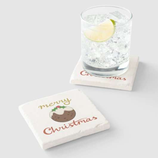 Frohe Weihnachten+Pudding Design Steinuntersetzer (Seitenansicht)