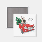 Frohe Weihnachten | Pug fährt Oldtimer Magnet (Vorderseite/Rückseite)