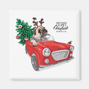 Frohe Weihnachten   Pug fährt Oldtimer Magnet