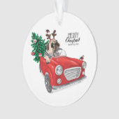 Frohe Weihnachten | Pug fährt Oldtimer Ornament (Vorderseite)