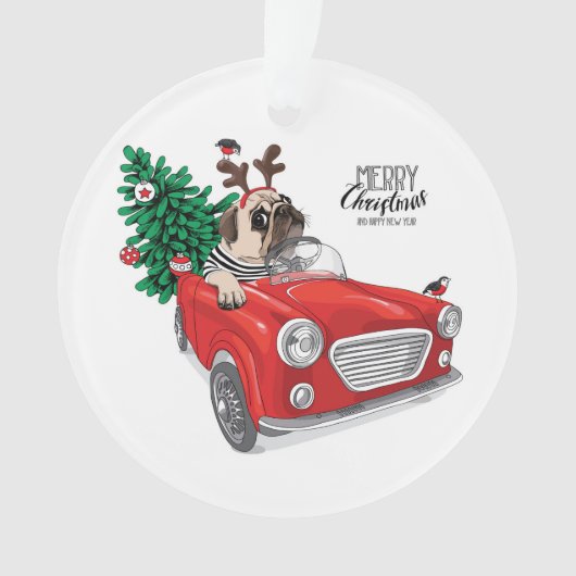 Frohe Weihnachten | Pug fährt Oldtimer Ornament (Vorderseite)