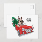 Frohe Weihnachten | Pug fährt Oldtimer Postkarte (Vorne/Hinten)