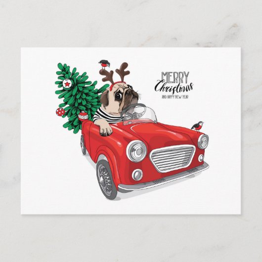 Frohe Weihnachten | Pug fährt Oldtimer Postkarte (Vorderseite)