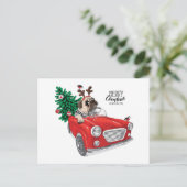Frohe Weihnachten | Pug fährt Oldtimer Postkarte (Stehend Vorderseite)