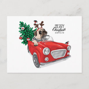 Frohe Weihnachten Pug fährt Oldtimer Postkarte