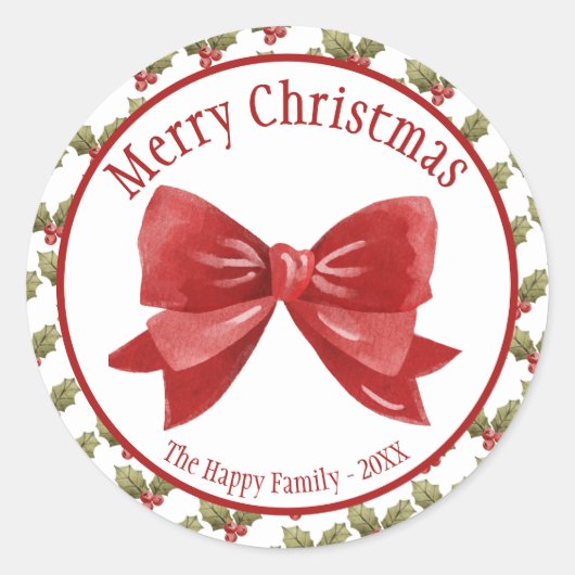 Frohe Weihnachten Red Bow Botanical Berries Runder Aufkleber (Vorderseite)