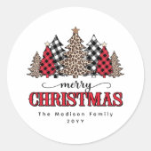 Frohe Weihnachten Red Buffalo Kariert und Leopard  Runder Aufkleber (Vorderseite)