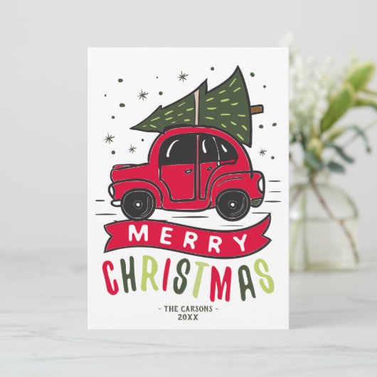 Frohe Weihnachten Red Car Tree Name Template Niedl (Stehend Vorderseite)