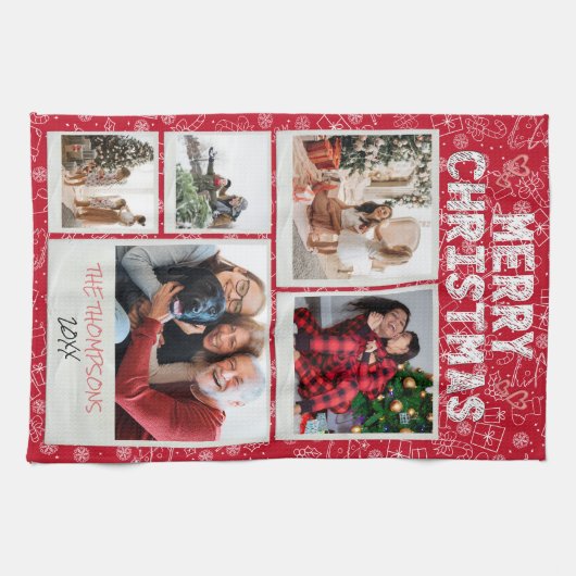 Frohe Weihnachten Red Doodles 5 Foto Familiengesch Geschirrtuch (Horizontal)