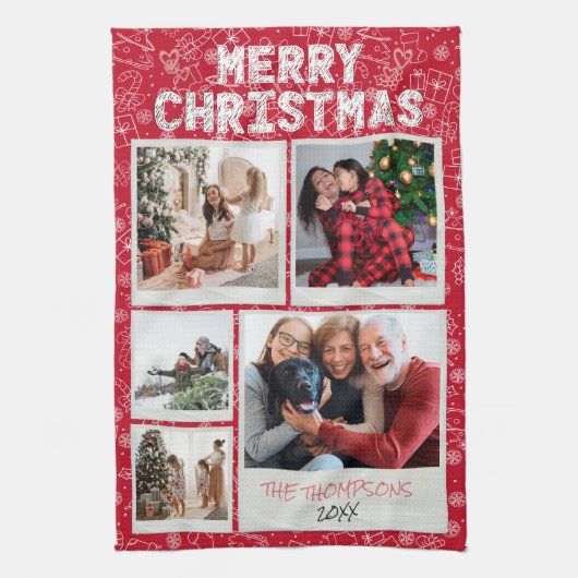 Frohe Weihnachten Red Doodles 5 Foto Familiengesch Geschirrtuch (Vertikal)