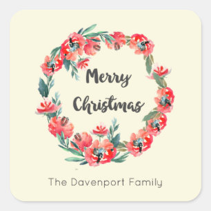 Frohe Weihnachten Red Floral Holiday Wreath Custom Quadratischer Aufkleber
