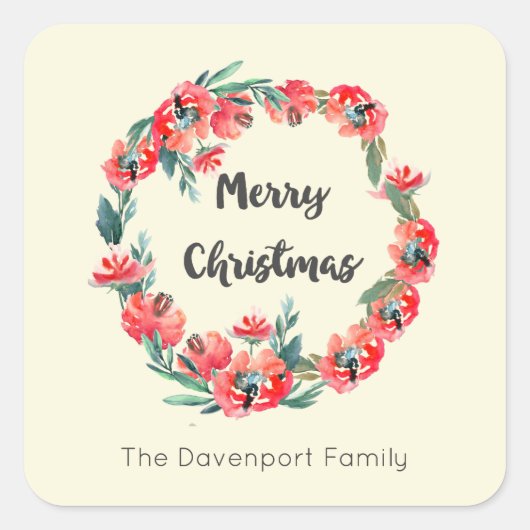 Frohe Weihnachten Red Floral Holiday Wreath Custom Quadratischer Aufkleber (Vorderseite)