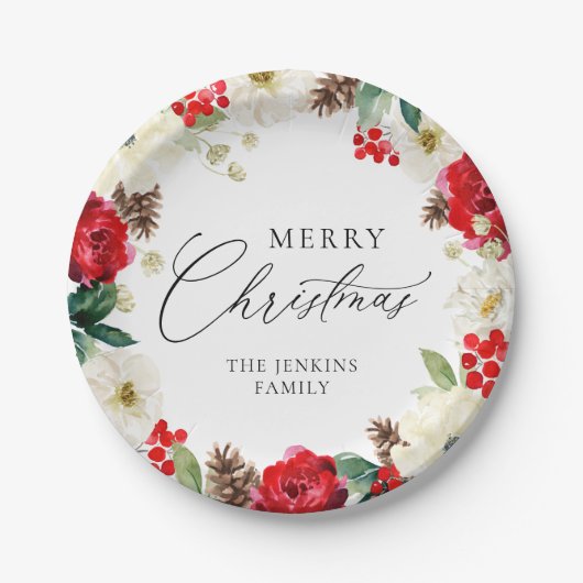 Frohe Weihnachten Red Floral Personalisiert Pappteller (Vorderseite)