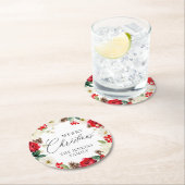 Frohe Weihnachten Red Floral Personalisiert Runder Pappuntersetzer (Vor Ort)