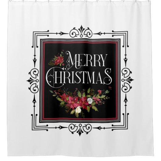 Frohe Weihnachten Red Floral Swag Art Deco Rahmen Duschvorhang (Vorderseite)