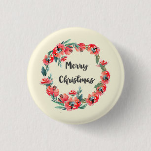 Frohe Weihnachten Red Floral Watercolor Wreath Button