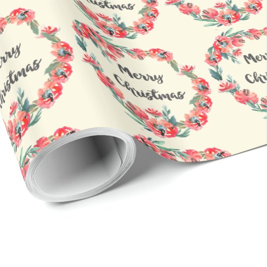 Frohe Weihnachten Red Floral Watercolor Wreath Geschenkpapier (Rolleneckpunkt)