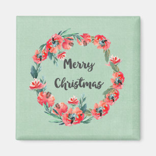 Frohe Weihnachten Red Floral Watercolor Wreath Magnet