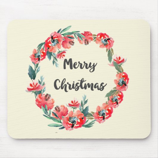 Frohe Weihnachten Red Floral Watercolor Wreath Mousepad (Vorne)