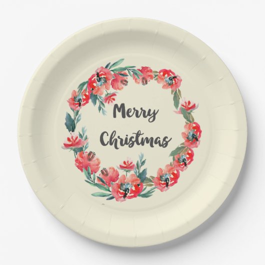 Frohe Weihnachten Red Floral Watercolor Wreath Pappteller (Vorderseite)