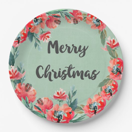 Frohe Weihnachten Red Floral Watercolor Wreath Pappteller (Vorderseite)