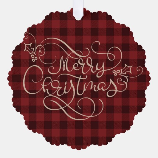 Frohe Weihnachten Red Gingham Script Foto Ornament Karte (Vorderseite)
