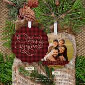 Frohe Weihnachten Red Gingham Script Foto Ornament Karte
