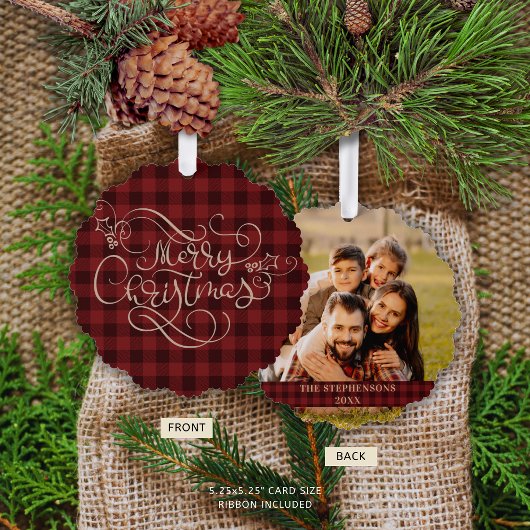Frohe Weihnachten Red Gingham Script Foto Ornament Karte