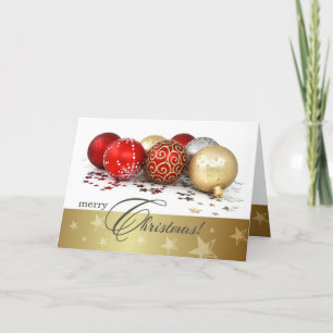Frohe Weihnachten. Red Gold Baubles Feiertagskarte