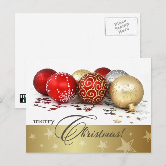 Frohe Weihnachten. Red Gold Baubles Feiertagspostkarte (Vorne/Hinten)