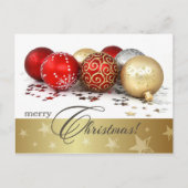 Frohe Weihnachten. Red Gold Baubles Feiertagspostkarte (Vorderseite)