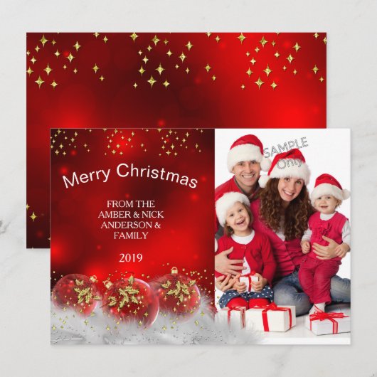 Frohe Weihnachten Red Gold Holly baubles Einladung (Vorne/Hinten)