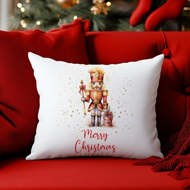 Frohe Weihnachten Red Gold Nutcracker Kissen (Merry Christmas Red Gold Nutcracker Throw Pillow)