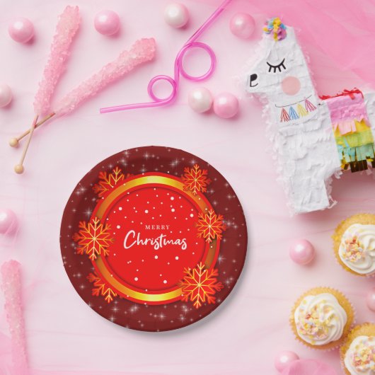 Frohe Weihnachten Red Gold Snowflakes 7" Pappteller (Party)
