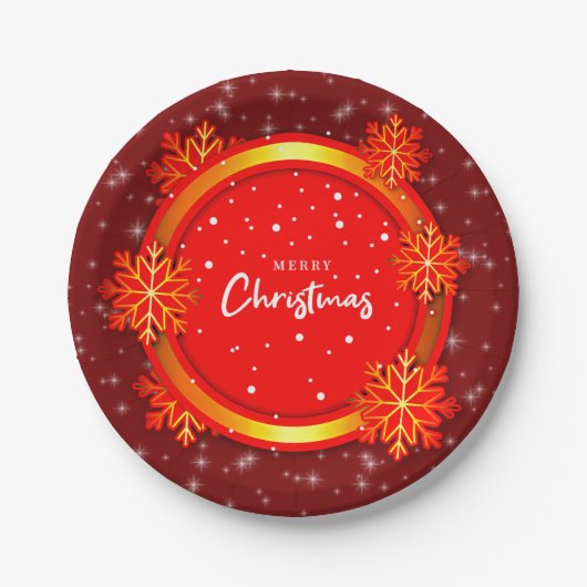 Frohe Weihnachten Red Gold Snowflakes 7" Pappteller (Vorderseite)