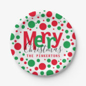 Frohe Weihnachten Red Green Dots Typografy Monogra Pappteller (Vorderseite)