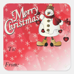 Frohe Weihnachten Red Heart Snowman Quadratischer Aufkleber