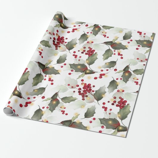Frohe Weihnachten Red Holly Berries Gold Lights Geschenkpapier (Ungerollt)