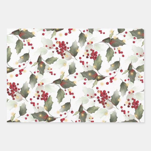Frohe Weihnachten Red Holly Berries Gold Lights Geschenkpapier Set (Vorderseite 3)