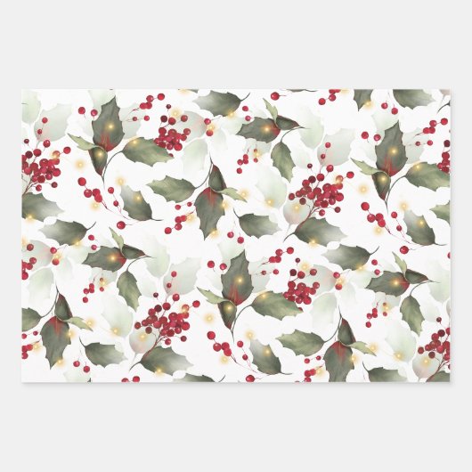 Frohe Weihnachten Red Holly Berries Gold Lights Geschenkpapier Set (Vorderseite 2)