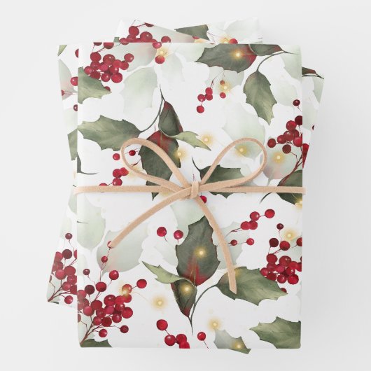 Frohe Weihnachten Red Holly Berries Gold Lights Geschenkpapier Set (Beispiel)