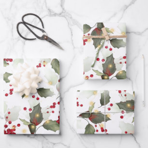 Frohe Weihnachten Red Holly Berries Gold Lights Geschenkpapier Set