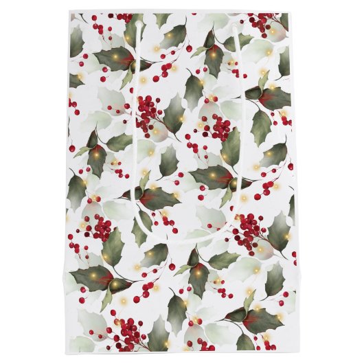 Frohe Weihnachten Red Holly Berries Gold Lights Mittlere Geschenktüte (Rückseite)