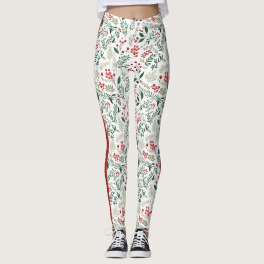 Frohe Weihnachten Red Holly Berries Leggings (Vorderseite)