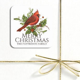 Frohe Weihnachten Red Kardinal Holly Personalisier Quadratischer Aufkleber
