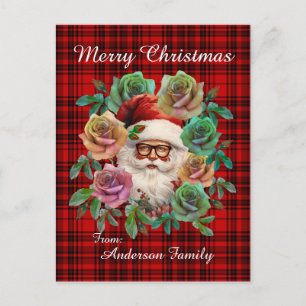Frohe Weihnachten Red Kariert Floral Santa Claus Postkarte