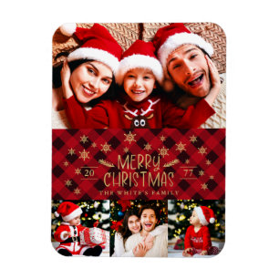 Frohe Weihnachten Red Kariert Gold Snowflakes 4 Fo Magnet