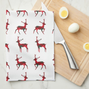 Frohe Weihnachten Red Kariert Tartan Reindeer Patt Geschirrtuch