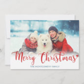 Frohe Weihnachten Red Modern Script Foto Blue (Vorderseite)